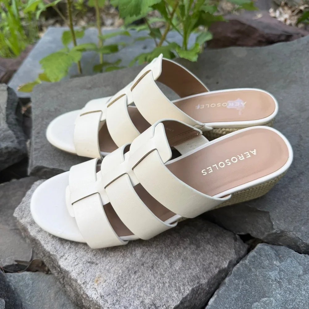 Aerosoles Wren Women 7M Cream Off White Strappy Wedge Espadrille Slide Sandals